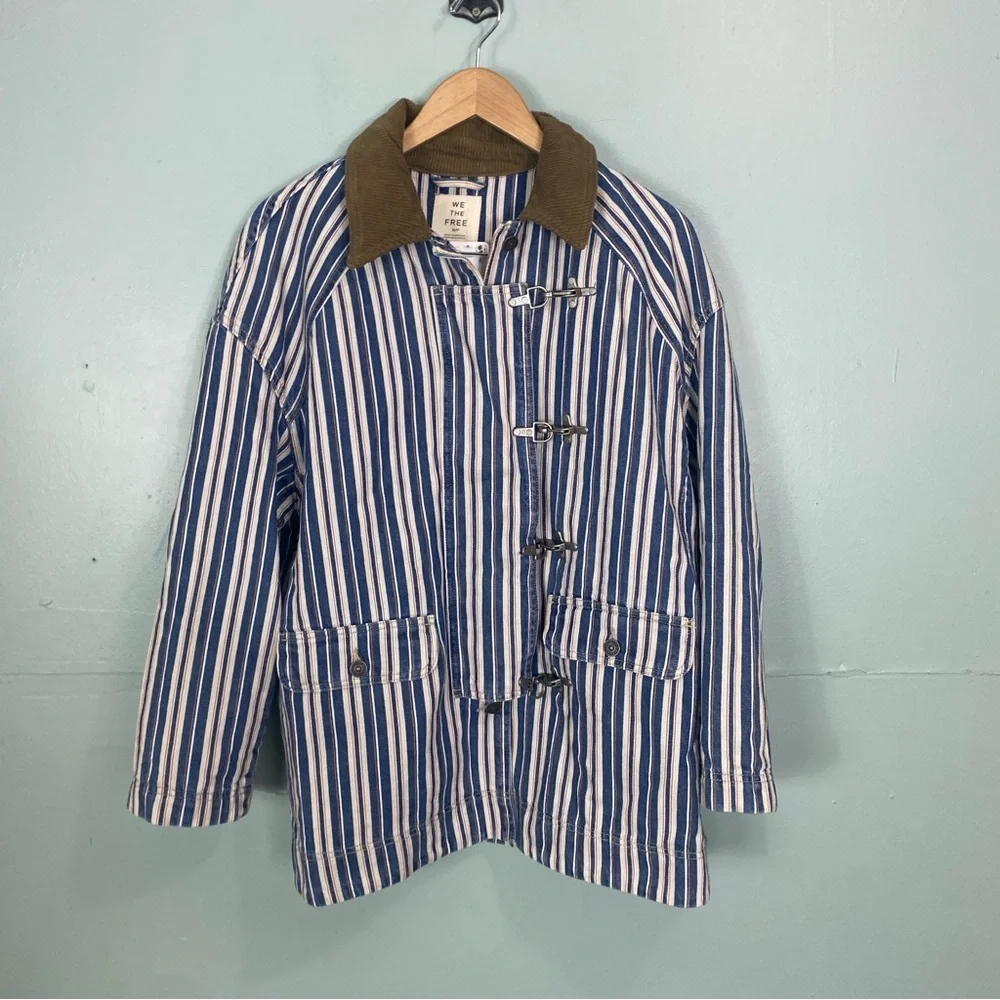 Free People Blue Striped Denim Barn Coat Jacket Corduroy Collar Small